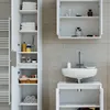 A bathroom scene featuring a tall white cabinet and a vanity with a sink. Podgląd zdjęcia produktu