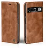 Two views of a brown leather flip case for a Google Pixel 7 Pro phone, shown against a white background.