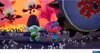 Two Trolls characters, Poppy and Branch, are running through a dark, mushroom-filled landscape with flying creatures in the background. Produktbild-Vorschau