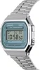 A close-up, studio shot of a silver Casio digital watch with a blue face, presented against a white background. Voir les images du produit