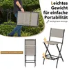 A person carrying a folded chair, with a separate image of a bar stool and a folded chair. Produktbild-Vorschau