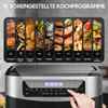 A close-up view of the top of an air fryer with a digital display and a graphic showing 10 preset cooking programs. Produktbild-Vorschau