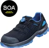 A black and blue Atlas safety shoe with a BOA lacing system is shown against a white background. A circular logo with the text "BOA DIALED IN. PRECISION FIT." is in the upper left corner. Produktbild-Vorschau
