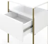 A close-up view of a white nightstand with a gold frame, showing an open drawer. Produktbild-Vorschau