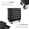 A black tool cart with drawers is shown, with text describing its features and construction. Náhled obrázku produktu