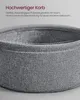 A close-up of the top edge of a gray fabric basket, with text describing its features. Produktbild-Vorschau