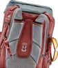 Close-up view of the back of a red Deuter backpack, showing the padded shoulder straps and back panel. Voir les images du produit