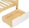 A close-up view of a white drawer with a natural wood interior, pulled out from under a wooden bed frame. Anteprima dell’immagine prodotto