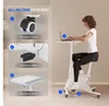 A woman is using an all-in-one desk bike in a home office setting, with callouts highlighting different features. Podgląd zdjęcia produktu
