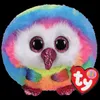 A colorful plush toy owl with glittery eyes and beak, against a black background. Voir les images du produit