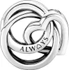 A close-up studio shot of a silver charm with intertwined hearts and the word 'ALWAYS' engraved. Podgląd zdjęcia produktu