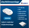 A marketing image for a GREE roof air conditioner, showcasing its features and specifications. Produktbild-Vorschau