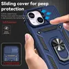 A hand is holding a blue iPhone case with a ring holder and camera cover. Text overlays describe the features of the case. Produktbild-Vorschau
