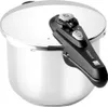 A stainless steel pressure cooker with a black handle and control knob. Náhled obrázku produktu