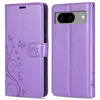A purple flip phone case with a butterfly and floral design is shown from the front and back. Produktbild-Vorschau