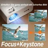 A projector displaying images of seagulls in flight, with inset images demonstrating focus and keystone correction features. Podgląd zdjęcia produktu