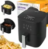 A collage showing an air fryer, its packaging, and food items. Produktbild-Vorschau