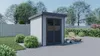 A modern WPC garden shed is shown in a backyard setting with a lounge chair and landscaping. Produktbild-Vorschau