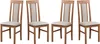 Four wooden dining chairs with beige upholstered seats and backrests are arranged side-by-side against a white background. Voir les images du produit