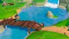 A video game scene with characters on a wooden bridge over a body of water, with a waterfall in the background. Produktbild-Vorschau