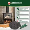 A fireplace with a stove and a coil of sealing rope, along with marketing text and icons. Produktbild-Vorschau