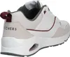 A side view of a white Skechers sneaker with gray and burgundy accents. Voir les images du produit