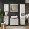 A modern bathroom vanity with a sink, mirror, and storage cabinets against a black marble wall. Voir les images du produit