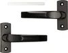 Two black door handles with mounting plates and a metal rod are displayed against a white background. Náhled obrázku produktu