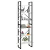 A tall, narrow bookshelf with white shelves and black metal framing, filled with various decorative items and books. Podgląd zdjęcia produktu