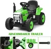A collage of images showing a green ride-on tractor for children, with close-ups of its features and an attached trailer. Produktbild-Vorschau