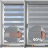A split image showing a window with a roller blind in two different light-filtering states. The left side shows 'Halbe Verdunkelung' (half darkening) and the right side shows 'Volle Verdunkelung' (full darkening) with '90%' text overlay. Close-up circles h Produktbild-Vorschau