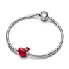 A silver Pandora bracelet with a red heart-shaped charm and a silver clasp. Produktbild-Vorschau