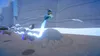 A cartoon dog character in a blue superhero costume is jumping in the air with blue energy trails behind it. There are dog bones with blue energy trails flying in the foreground. The background is a snowy, rocky landscape. Produktbild-Vorschau