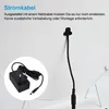 A close-up of a power adapter and cable connected to a white surface, with German text describing the power cable. Voir les images du produit