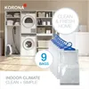 A laundry room setting with appliances and storage shelves, featuring a product display. Produktbild-Vorschau