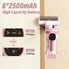 A pink cordless vacuum cleaner is mounted on a wall, with graphics showing battery capacity and suction power. Produktbild-Vorschau