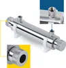 A shiny metal water filter or UV sterilizer unit is shown, supported by white plastic stands. Close-up insets highlight the threaded connections and the knurled end caps. Produktbild-Vorschau
