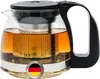 A glass teapot filled with tea, with a stainless steel infuser and a black handle and lid. Produktbild-Vorschau