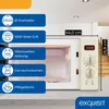 A close-up of a cream-colored retro microwave with various feature callouts and dimensions. Produktbild-Vorschau