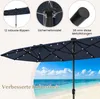 A close-up of a navy blue patio umbrella with LED lights, set against a beach and ocean background. Produktbild-Vorschau