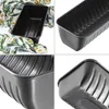A collage of four images showing different angles and close-ups of a dark gray loaf pan, with one image showing oven mitts with a floral pattern holding the pan. Podgląd zdjęcia produktu