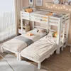 A white bunk bed with three beds, two on the bottom and one on top, in a bedroom setting with curtains and wall decorations. Náhled obrázku produktu