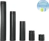 Several black chimney pipes of varying lengths are arranged in a row against a white background. A circular logo with text and leaf/water drop graphics is in the upper right corner. Produktbild-Vorschau
