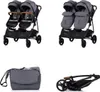 A collage of images showing a twin stroller, its accessories, and a folded version. Produktbild-Vorschau