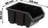 A black plastic storage bin with dimensions indicated by arrows and text. Anteprima dell’immagine prodotto