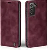 A burgundy flip cover phone case for a Samsung Galaxy S22+ is shown from two angles. Produktbild-Vorschau