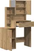 A wooden vanity table with multiple shelves and drawers, shown against a white background. Voir les images du produit