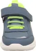 A close-up, front-facing view of a child's blue sneaker with neon green laces and accents. Produktbild-Vorschau