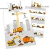 A children's bedding set with a construction vehicle theme, showing both the front and back sides of the duvet cover and pillowcase. Produktbild-Vorschau