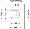 A top-down view of a toilet bowl with dimensions indicated by lines and numbers. Podgląd zdjęcia produktu
